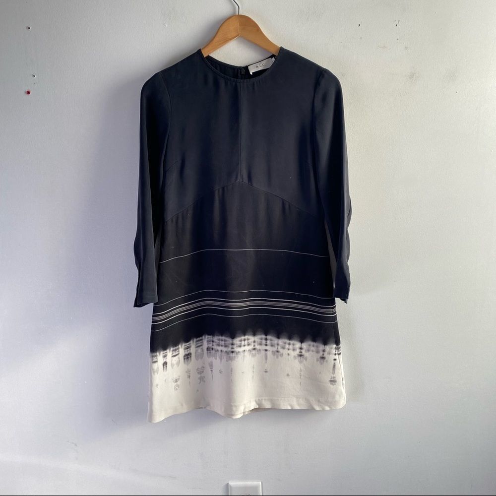 ALC black white abstract stripe silk long sleeve crewneck mini shift dress
